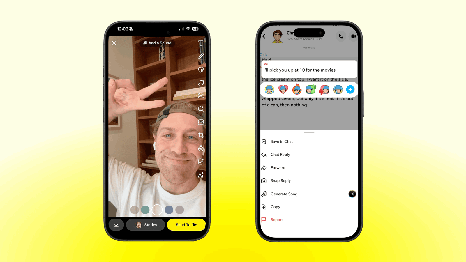 Interface Snapchat montrant l'option Generate Song pour transformer un message en chanson