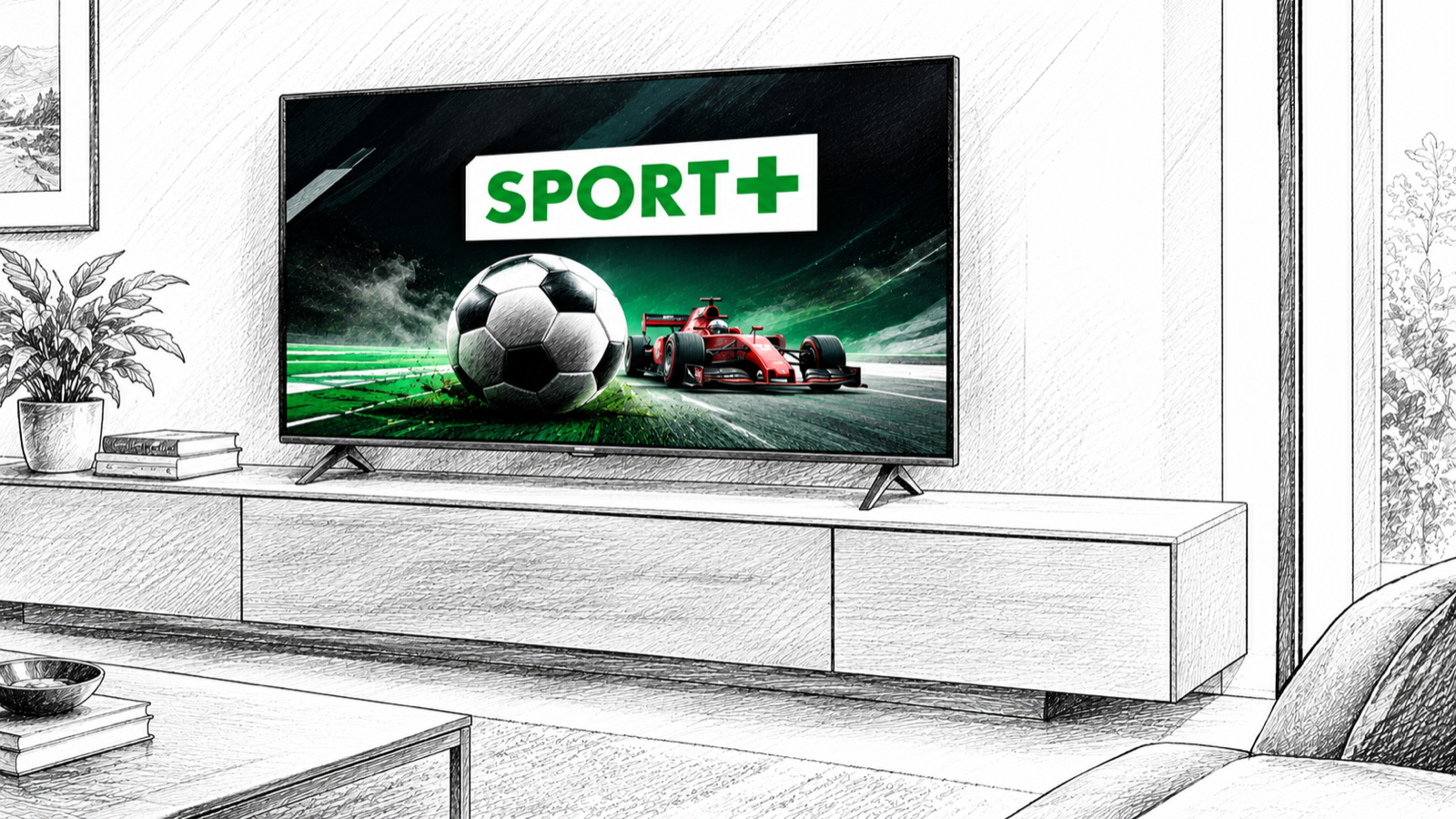 Le logo SPORT+ de Canal+ affiché sur un écran, avec un ballon de football et une Formule 1