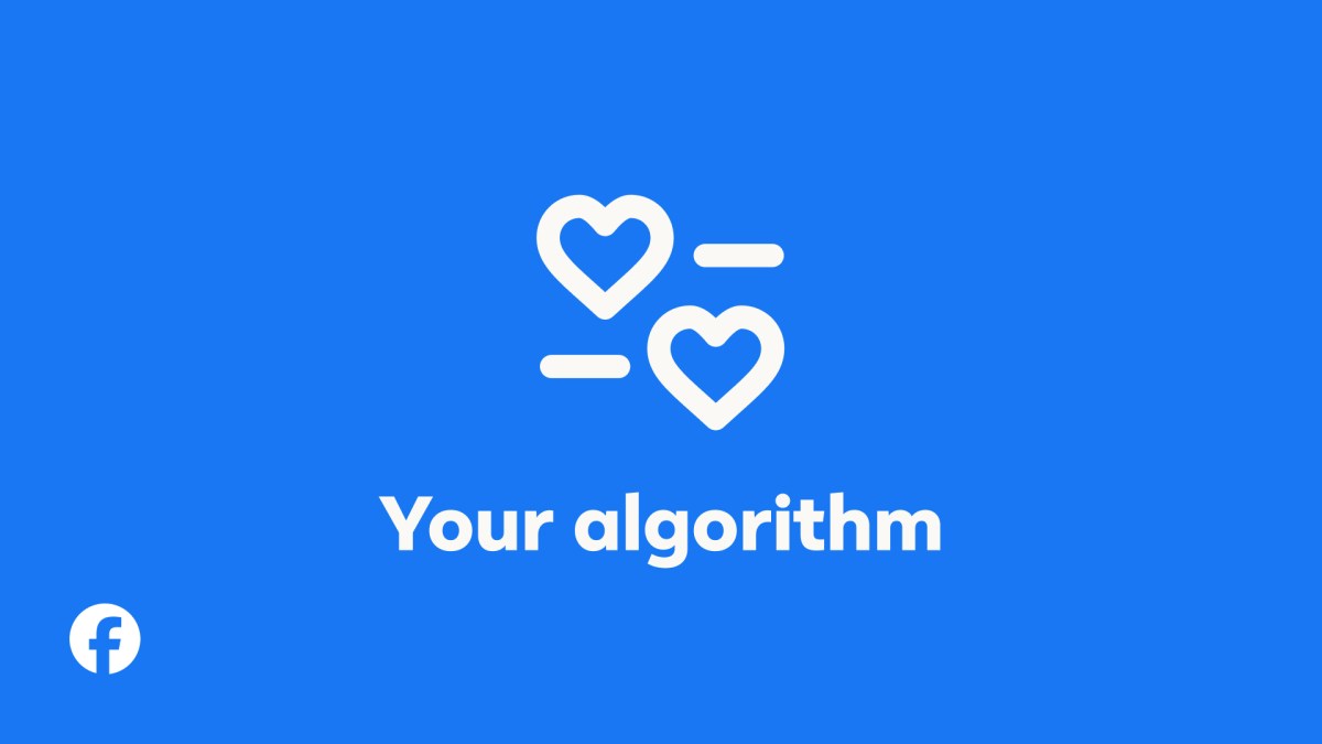 Visuel officiel Meta de la fonction Your algorithm de Facebook, deux coeurs avec options plus et moins sur fond bleu