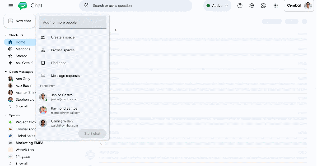 Interface de Google Chat montrant la creation d'une discussion de groupe avec ajout de participants