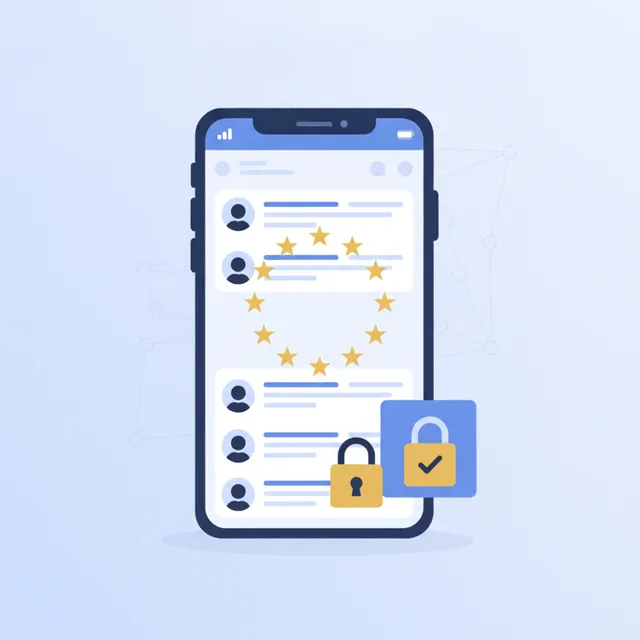 Illustration d'un réseau social européen sur smartphone aux couleurs bleu et or de l'Union européenne