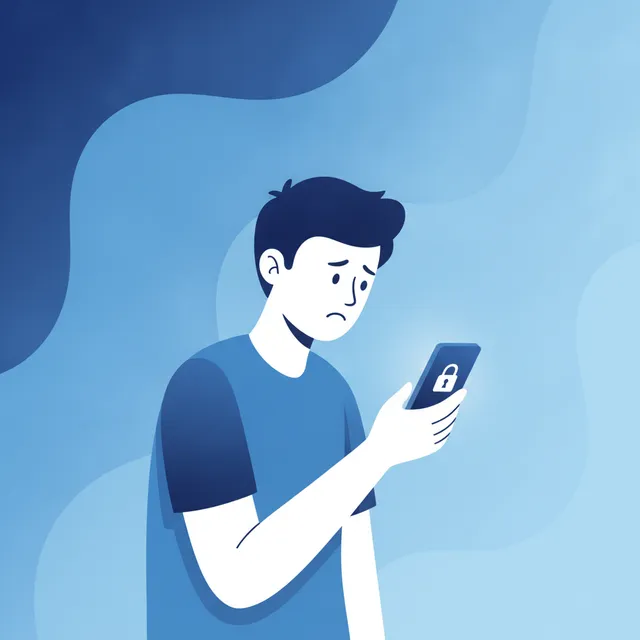Un adolescent face à un smartphone dont l'écran affiche un cadenas, illustrant la restriction d'âge sur les réseaux sociaux