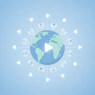 Globe terrestre entoure de boutons de lecture video et d'internautes