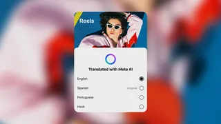 Interface Reels d'Instagram avec le menu Translated with Meta AI proposant plusieurs langues