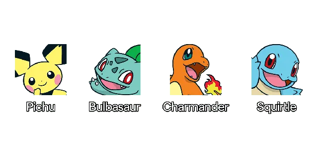 Les badges Pokémon Pichu, Bulbizarre, Salamèche et Carapuce du chat Twitch