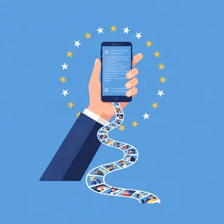 Smartphone affichant un fil d'actualite qui se deroule sans fin, sur fond bleu europeen