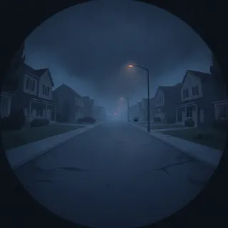 Rue résidentielle déserte la nuit filmée à travers une caméra de sonnette connectée