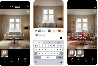 Captures d'écran de la fonction Restyle de Pinterest transformant un salon par IA