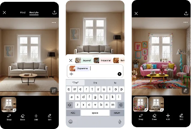Captures d'écran de la fonction Restyle de Pinterest transformant un salon par IA