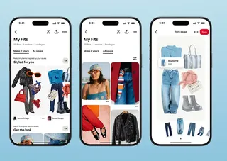 Trois écrans de smartphone montrant les nouveaux tableaux Pinterest dopés à l'IA : Styled for you, Make it yours et un collage de tenue