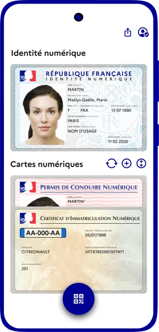 Écran d'accueil de l'application France Identité affichant la carte d'identité numérique et les cartes numériques