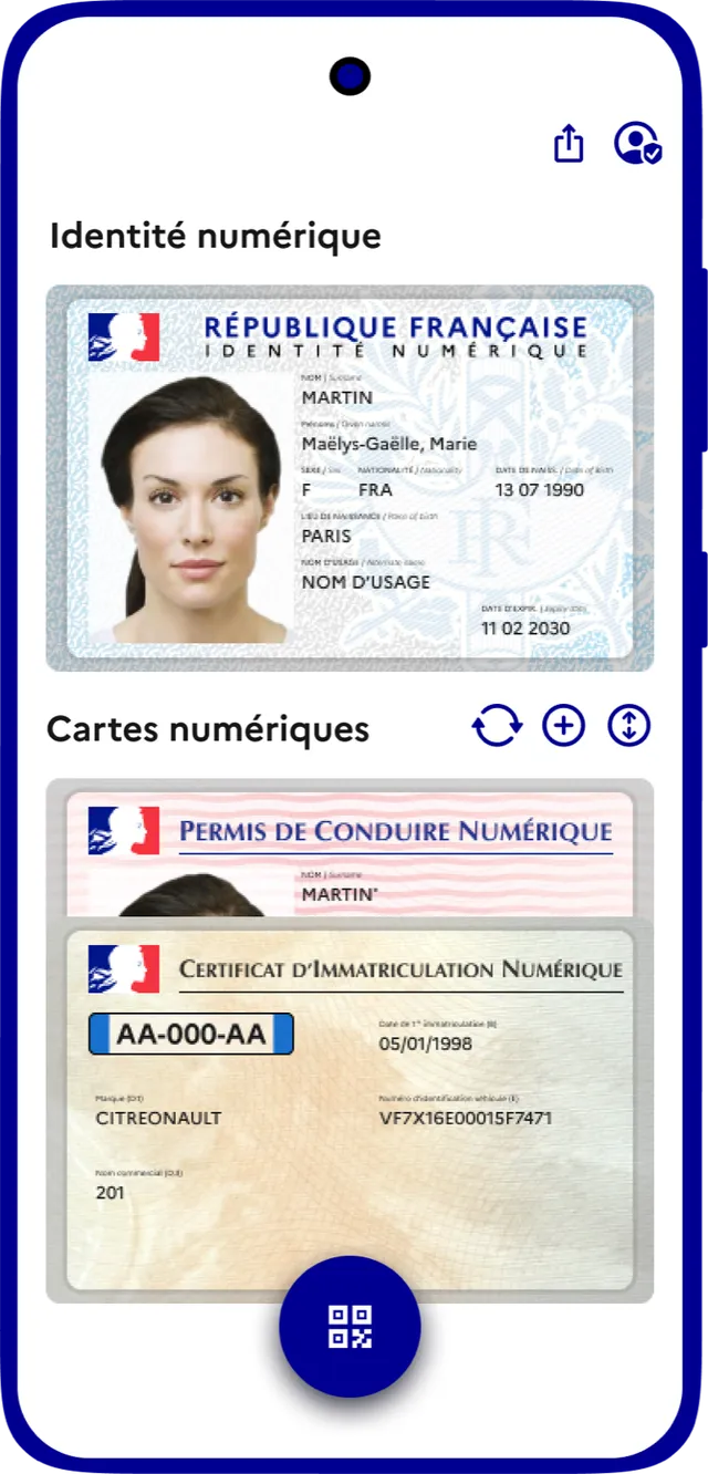 Écran d'accueil de l'application France Identité affichant la carte d'identité numérique et les cartes numériques