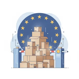 Une pile de colis en carton devant une barrière de douane, sur fond d'étoiles européennes