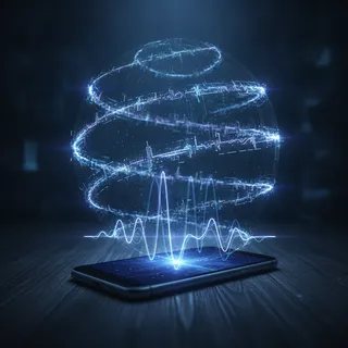 Un smartphone d'où s'échappent des ondes sonores se transformant en code numérique