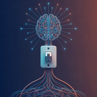 Illustration conceptuelle d'un cerveau en circuits imprimés rebranché sur un interrupteur, évoquant une IA remise en ligne