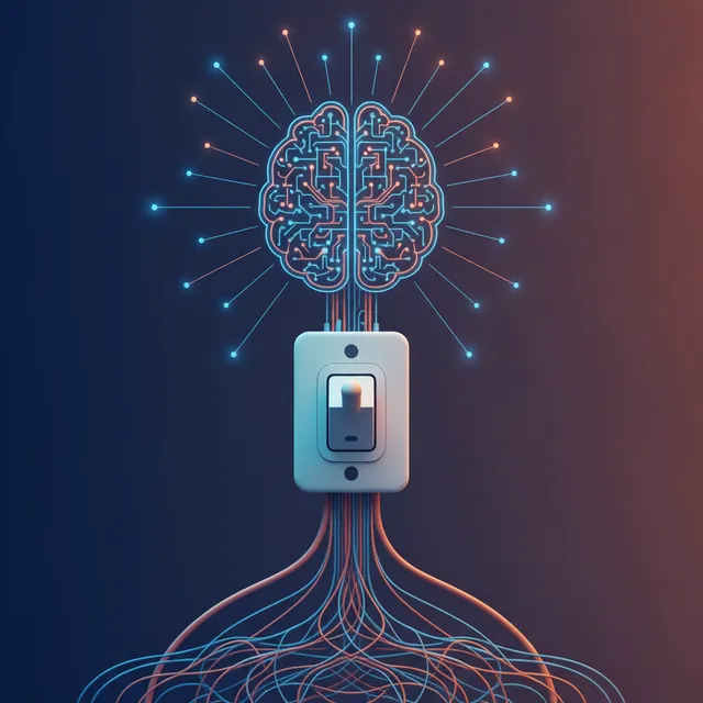 Illustration conceptuelle d'un cerveau en circuits imprimés rebranché sur un interrupteur, évoquant une IA remise en ligne
