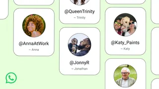 Cartes de profils WhatsApp affichant des noms d'utilisateur comme @AnnaAtWork et @Katy_Paints, avec le logo WhatsApp