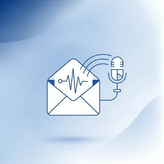 Enveloppe e-mail reliée à une onde sonore et un microphone, illustrant la recherche vocale de Gmail Live