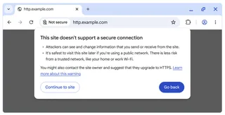 Avertissement de sécurité de Chrome affiché sur un site non sécurisé en HTTP, avec les boutons Continuer et Revenir en arrière