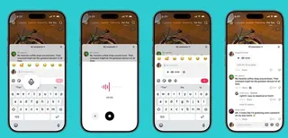Quatre écrans de smartphone montrant la nouvelle note vocale et les commentaires enrichis de TikTok