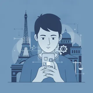 Illustration d'un adolescent avec un smartphone devant la Tour Eiffel et des institutions, évoquant la régulation européenne des réseaux sociaux