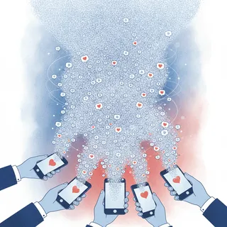 Illustration de smartphones diffusant des likes et des messages aux couleurs bleu blanc rouge, évoquant la campagne présidentielle sur les réseaux sociaux