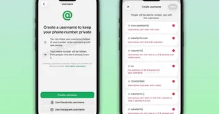 Ecrans WhatsApp montrant la creation d'un nom d'utilisateur pour garder son numero de telephone prive