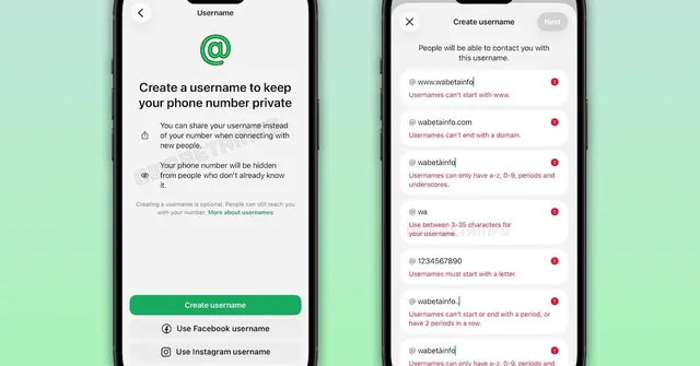 Ecrans WhatsApp montrant la creation d'un nom d'utilisateur pour garder son numero de telephone prive
