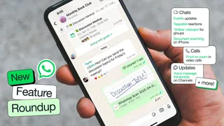 Interface de discussion de groupe WhatsApp sur un smartphone, logo WhatsApp et mention New Feature Roundup