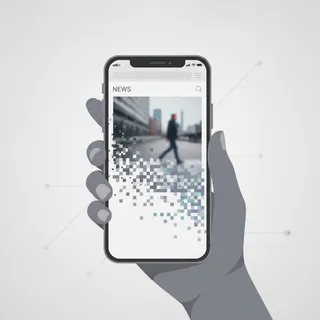 Illustration : un smartphone affichant un fil d'actualité dont une photo se désagrège en pixels, évoquant une image générée par IA