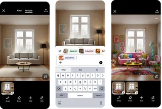 Trois captures de l'application Pinterest montrant la fonction Restyle : un salon d'origine, le sélecteur de styles (Japandi, Industrial, Boho, Dopamine) et le salon relooké en version colorée
