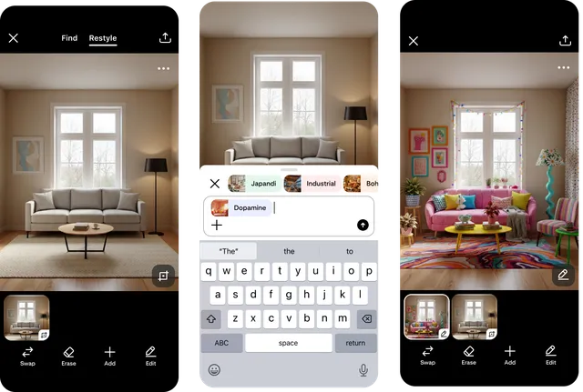 Trois captures de l'application Pinterest montrant la fonction Restyle : un salon d'origine, le sélecteur de styles (Japandi, Industrial, Boho, Dopamine) et le salon relooké en version colorée