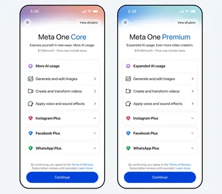 Écrans des offres Meta One Core et Premium sur smartphone