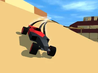 Une voiture low-poly du jeu de course PolyTrack sur un circuit