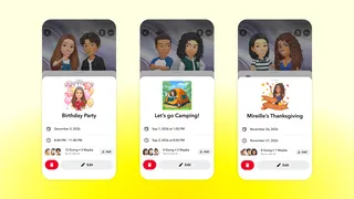 Trois écrans de l'appli Snapchat montrant la fonction Plans : cartes d'événement avec Bitmoji, date, heure et réponses Going/Maybe
