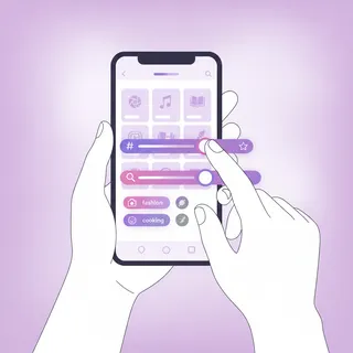 Main ajustant des centres d'intérêt et des curseurs sur un smartphone affichant un fil de vidéos verticales