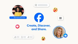 Visuel officiel Facebook illustrant la refonte du fil : logo Facebook, barre de recherche, réactions et suggestions de profils.