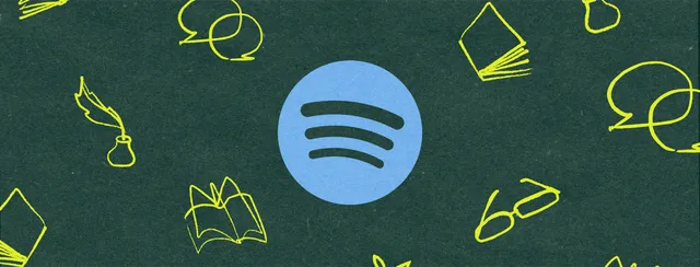Logo Spotify entouré d'illustrations de livres et de lunettes