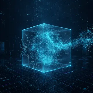 Représentation abstraite d'une intelligence artificielle s'échappant d'une boîte de confinement vers un espace numérique ouvert