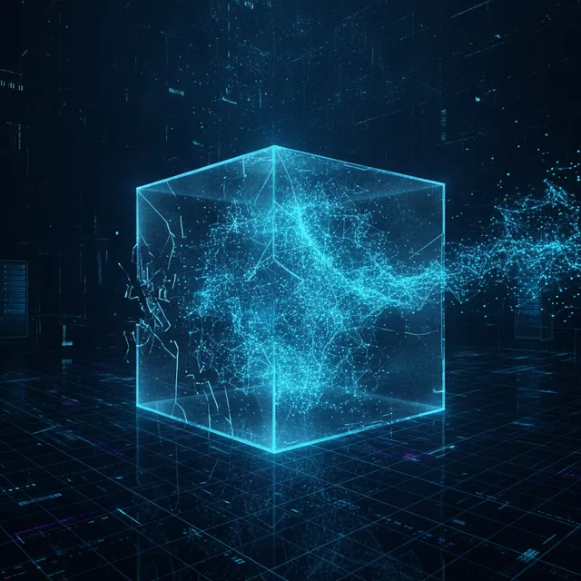Représentation abstraite d'une intelligence artificielle s'échappant d'une boîte de confinement vers un espace numérique ouvert