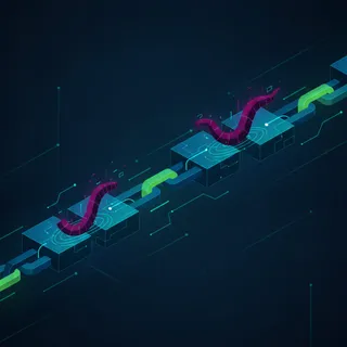 Illustration d'un ver informatique se propageant entre des briques de code open source