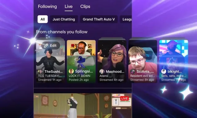 Le fil mobile de Twitch affichant les Stream Recaps en haut, avec des cartes de clips des chaines suivies