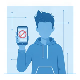 Un adolescent tient un smartphone affichant un symbole d'acces interdit, illustrant l'interdiction des reseaux sociaux aux mineurs