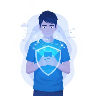 Illustration d'un adolescent tenant un smartphone protégé par un bouclier, symbole de la protection des mineurs sur les réseaux sociaux