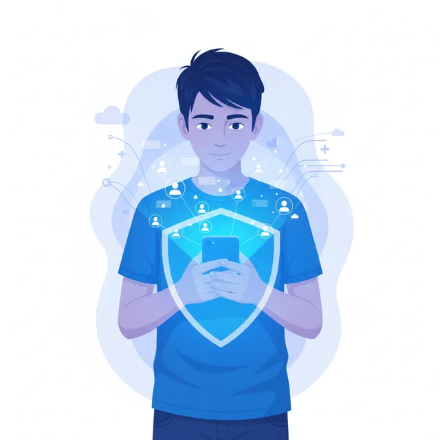 Illustration d'un adolescent tenant un smartphone protégé par un bouclier, symbole de la protection des mineurs sur les réseaux sociaux