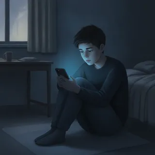 Un adolescent seul dans la pénombre, le visage éclairé par la lueur de son smartphone
