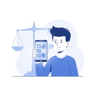 Un adolescent tient un smartphone affichant des icônes de réseaux sociaux, avec une balance de la justice en arrière-plan
