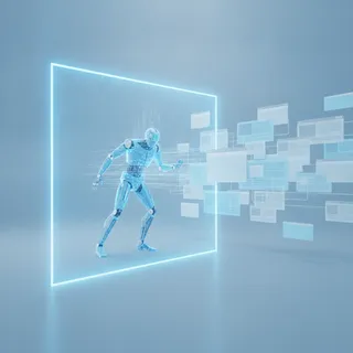 Illustration: un agent robotique numérique franchit un cadre lumineux pour rejoindre un réseau de pages web