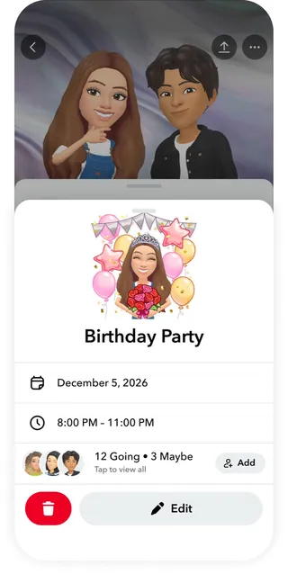Capture d'écran de la fonction Snapchat Plans montrant une invitation d'anniversaire avec la date, l'heure et les réponses des invités