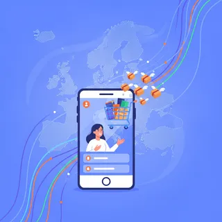 Smartphone affichant une boutique de shopping video TikTok avec des colis se dirigeant vers une carte de l'Europe